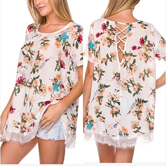 📍SALE Boho Relaxed Flowy Lace Hem Tunic Top SML - Picture 3 of 5